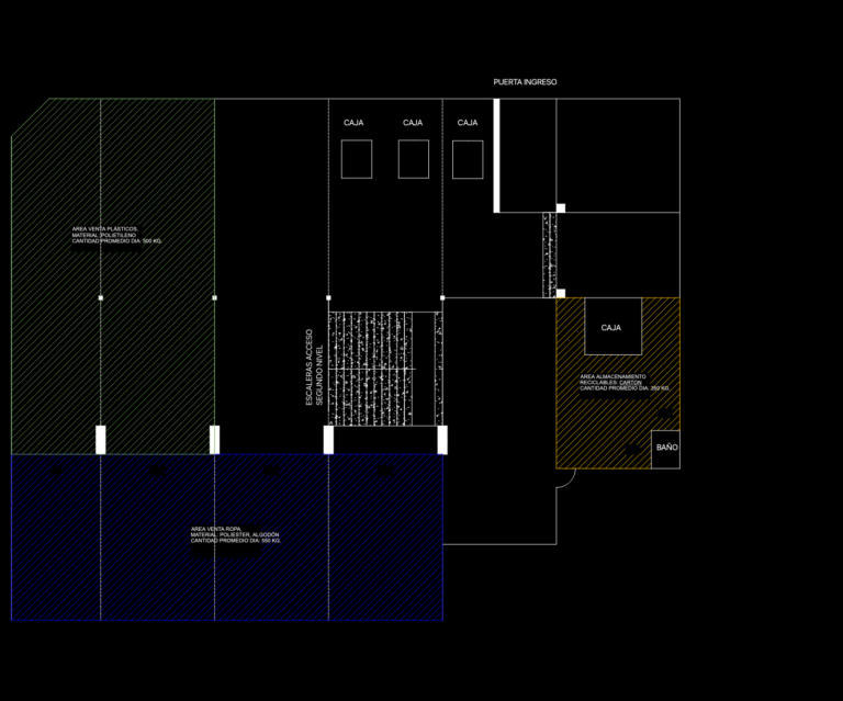 2D CAD floor plan of a commercial warehouse showing retail zones, storage areas, cashier counters, and access stairs.