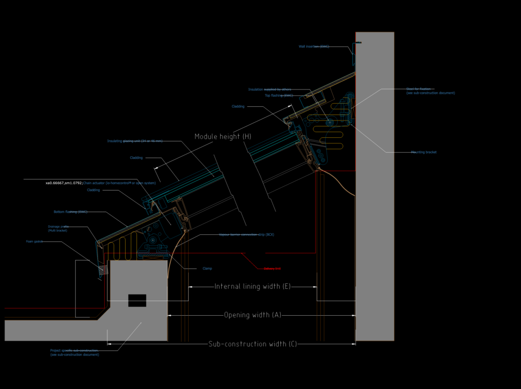 Technical cross section of a wall-mounted skylight with chain actuator, EWC flashing, and insulating glazing.