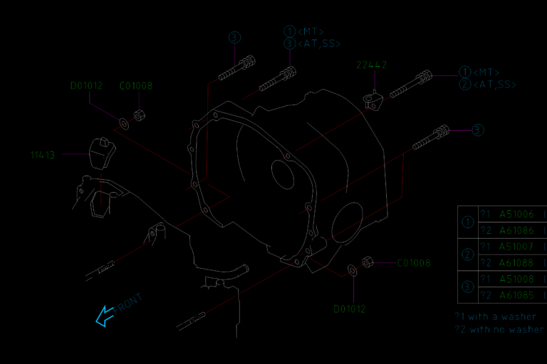 Exploded view drawing of a transmission bell housing with labeled mounting bolts, washers, and nuts for MT and AT models.