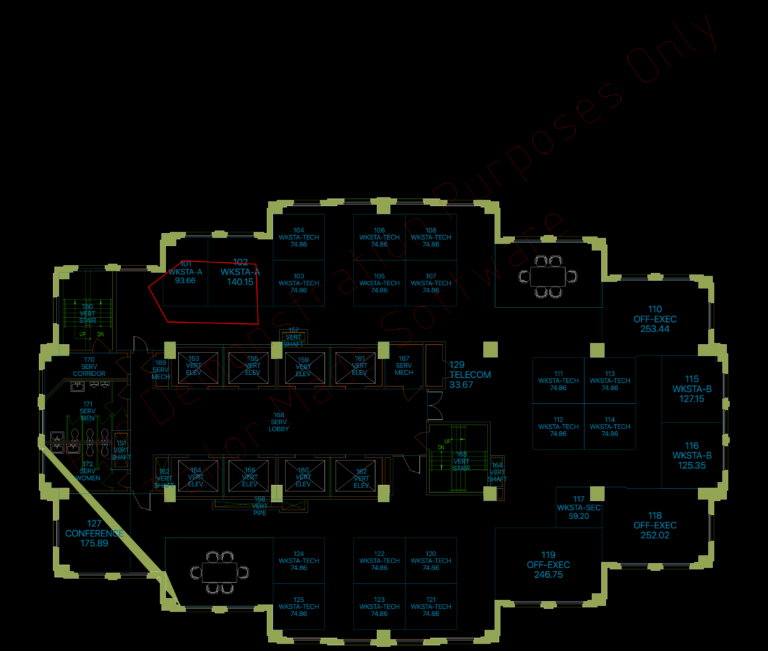 CAD floor plan of an office level showing workstation clusters, private offices, central elevator bank, and restrooms.