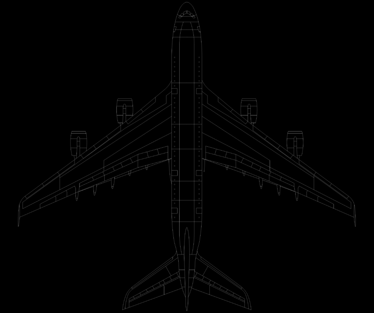 2D CAD plan view drawing of a large four-engine commercial jet aircraft showing fuselage and wing details.