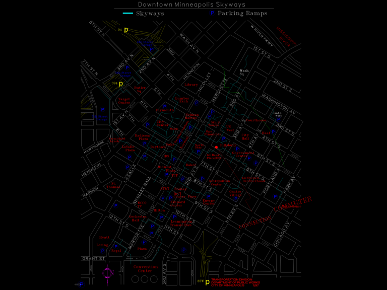 2D CAD plan of downtown Minneapolis showing skyway bridges, parking ramps, street layouts, and major landmarks.
