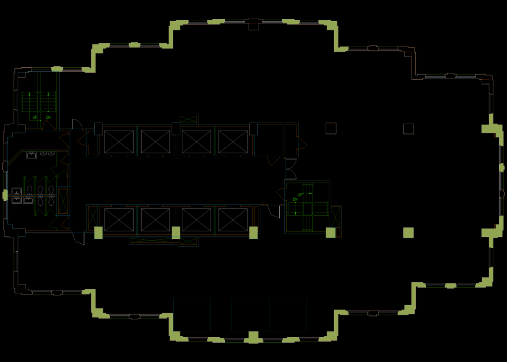 CAD floor plan of a corporate office featuring a central elevator core, restrooms, stairs, and structural columns.