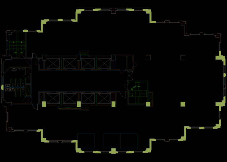 CAD floor plan of a corporate office featuring a central elevator core, restrooms, stairs, and structural columns.