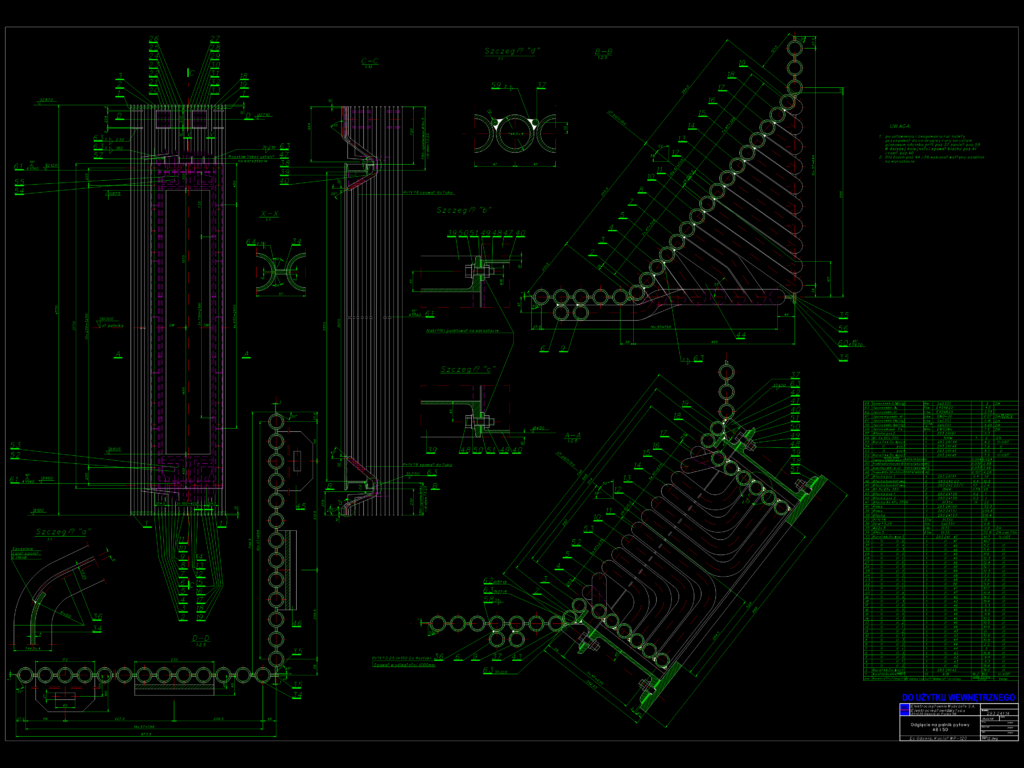 Technical CAD drawing of WP-120 boiler burner tube wall bending details, sections, and parts list.