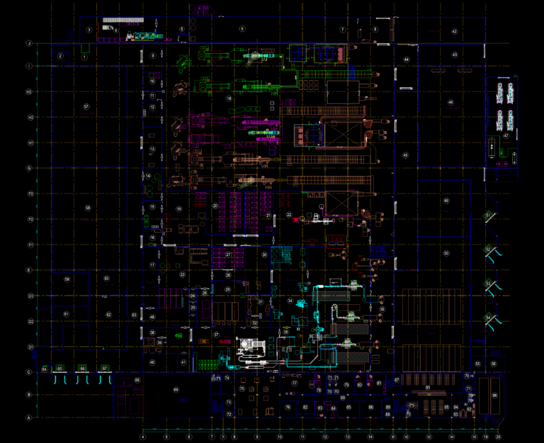 Industrial CAD floor plan of a fish processing plant featuring processing lines, cold storage, and equipment blocks.