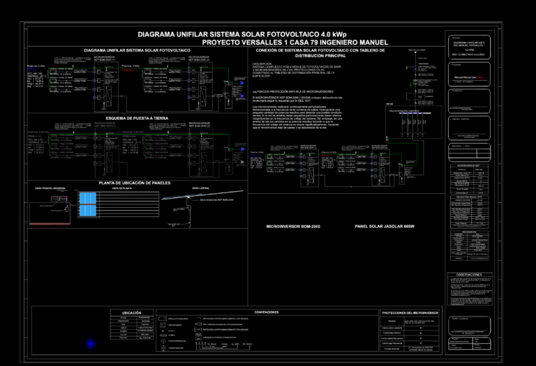 4.0kWp solar photovoltaic unifilar diagram showing panel layout, grounding scheme, and microinverter technical specifications