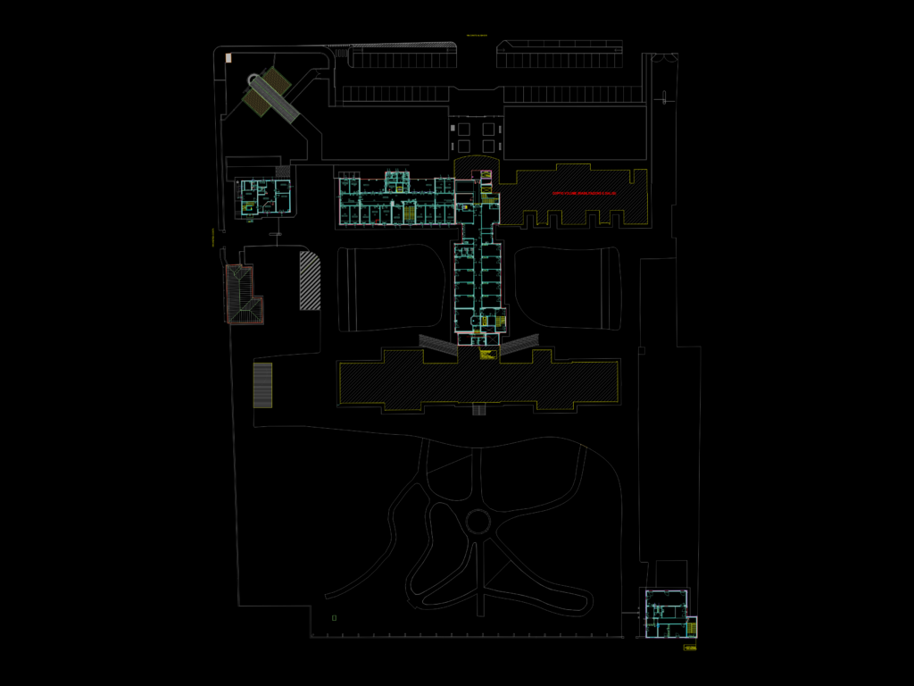 CAD site layout and floor plan for a healthcare facility including parking areas, gardens, and medical unit interiors.
