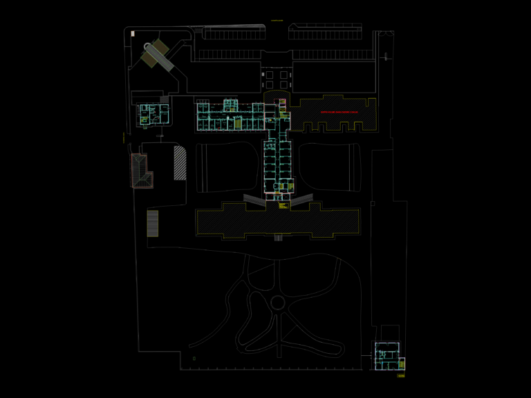 CAD site layout and floor plan for a healthcare facility including parking areas, gardens, and medical unit interiors.
