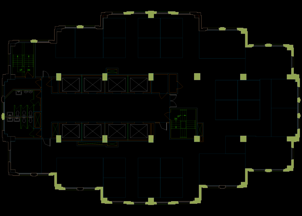 Commercial office building floor plan showing central elevator core, restrooms, and open-plan workstation layouts.