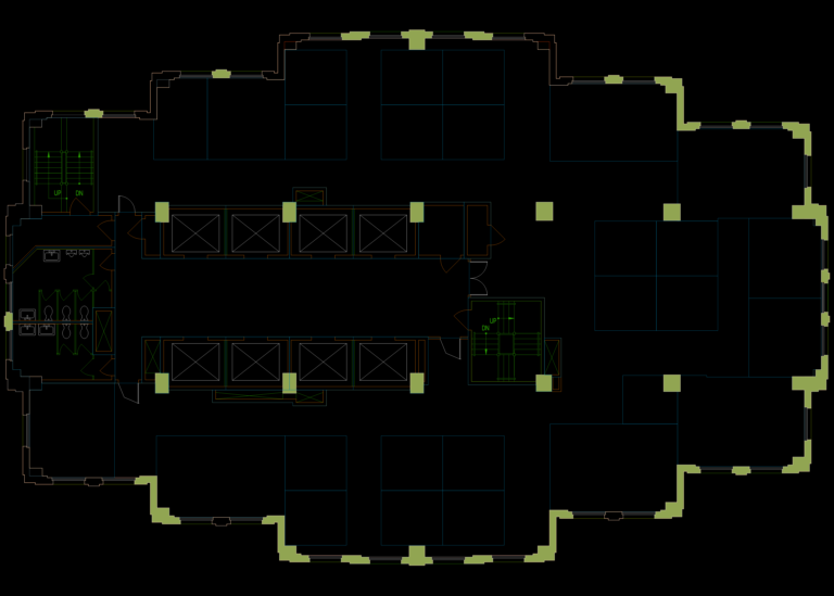 Commercial office building floor plan showing central elevator core, restrooms, and open-plan workstation layouts.