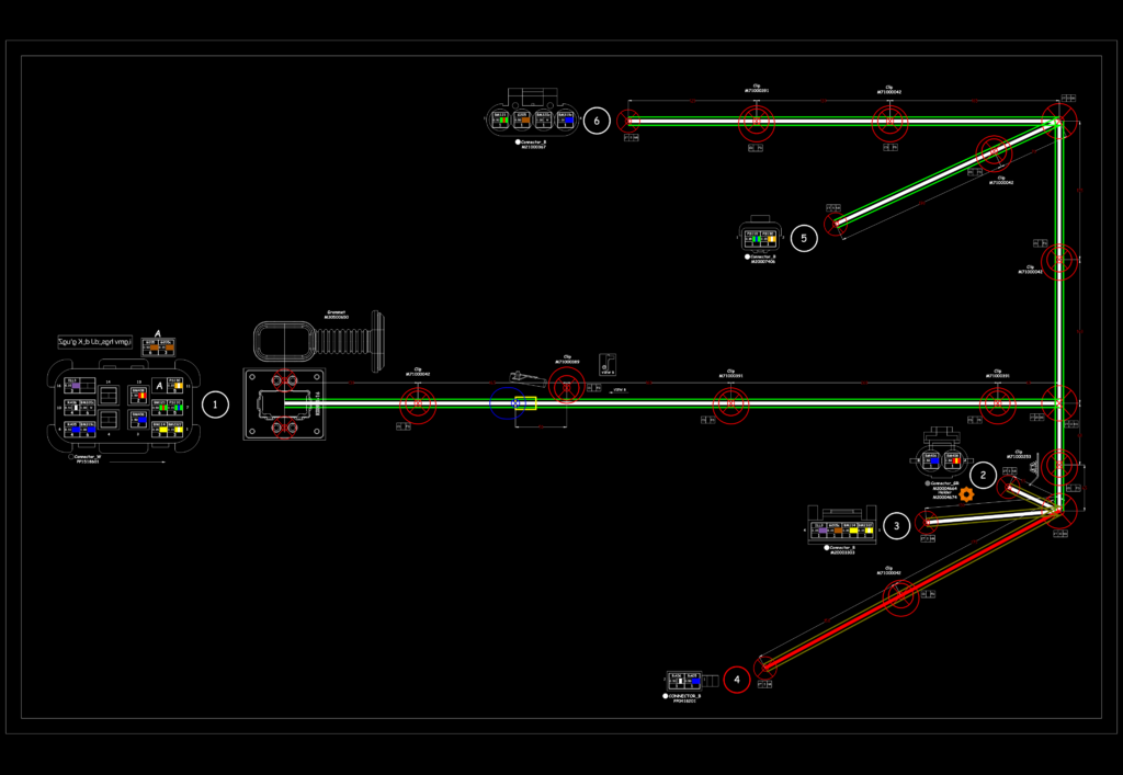 Technical CAD drawing of an automotive wiring harness with connector pinouts, routing paths, and assembly part numbers.