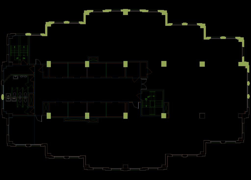CAD floor plan layout for a commercial office building featuring workstations, private offices, elevators, and stairs.