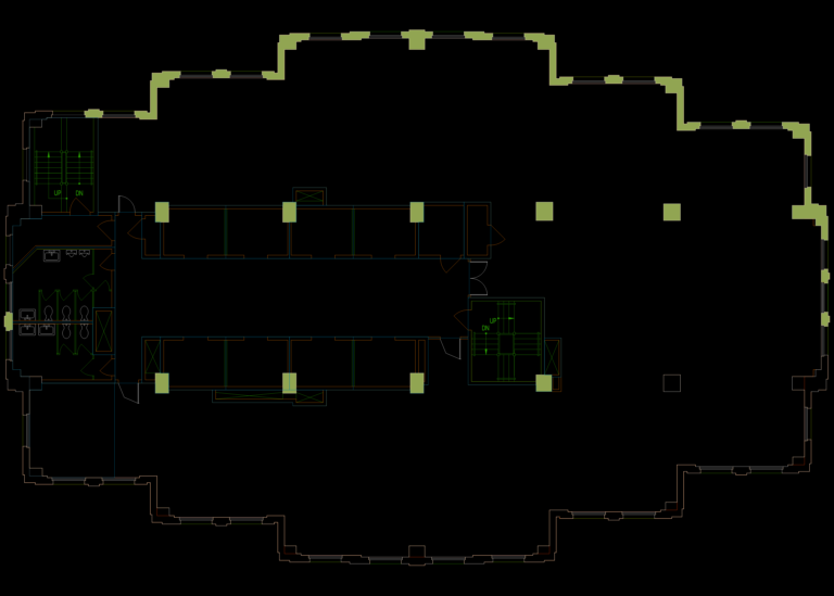 CAD floor plan layout for a commercial office building featuring workstations, private offices, elevators, and stairs.