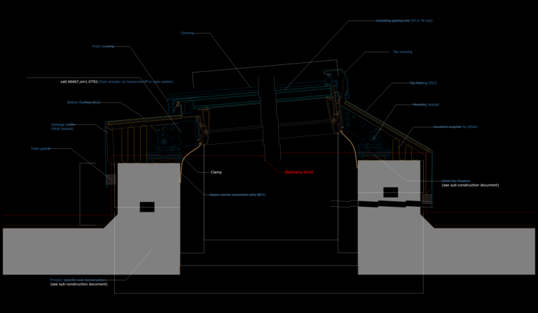 CAD cross section of a VELUX modular skylight showing glazing, chain actuator, flashing, and mounting bracket details.