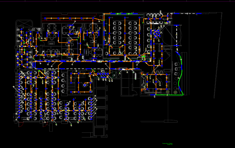 Technical CAD drawing of an office ground floor showing electrical circuits, lighting fixtures, and power outlet layout.