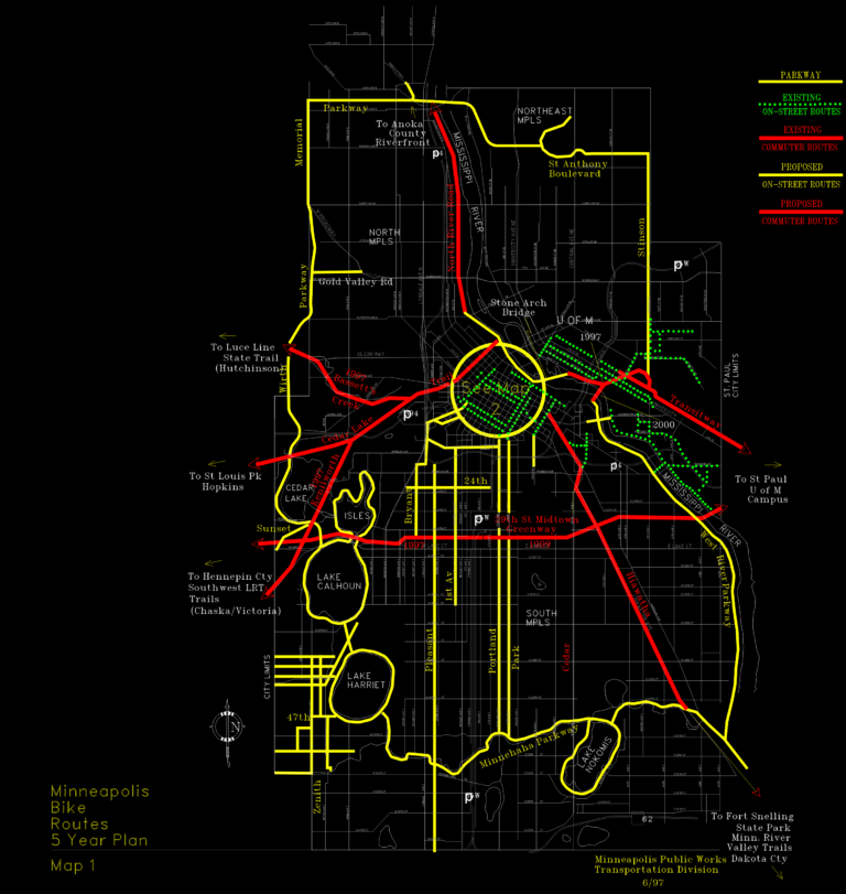 CAD map showing Minneapolis bike routes, trails, and parkways across the city, including lakes and the Mississippi River.