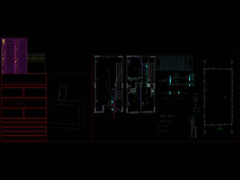 Electrical floor plans, riser diagrams, grounding details, and technical tables in a CAD DWG layout.