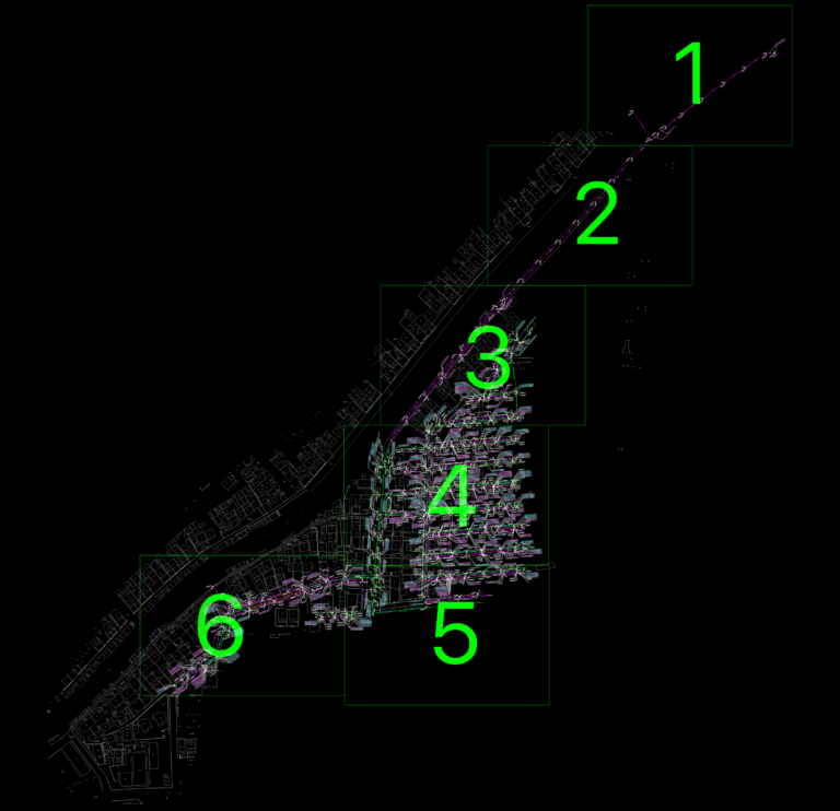 CAD survey map showing urban utility networks, drainage lines, manhole labels, and building footprints in a municipal layout.