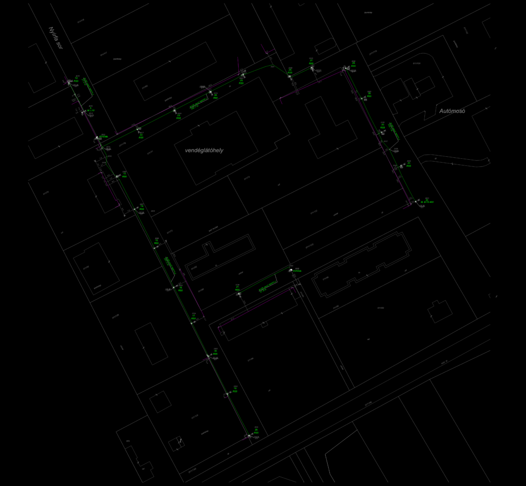 CAD plan view of an industrial underground power network with cable runs, utility poles, and property plots.