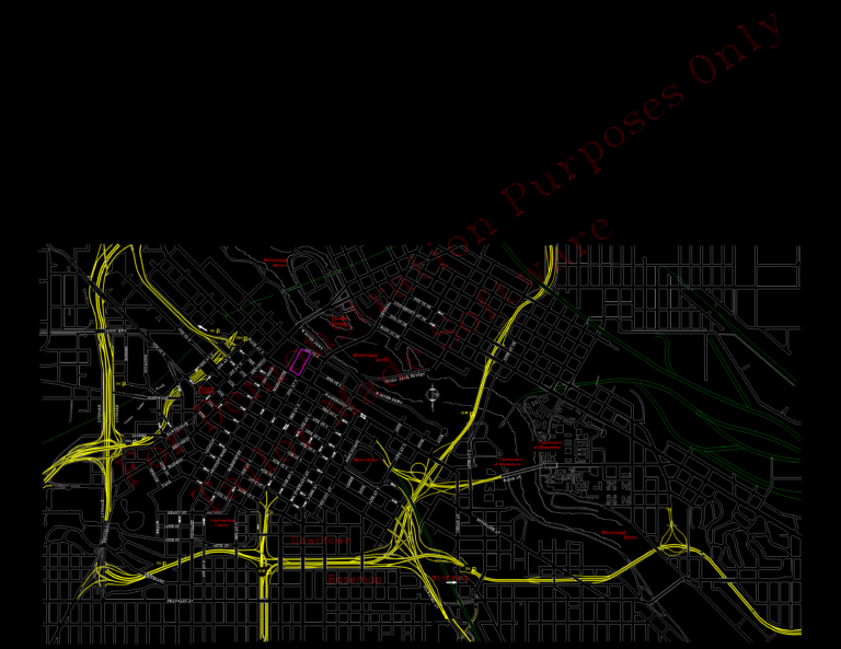 CAD plan showing downtown Minneapolis street grid, highway interchanges, Mississippi River, and landmark labels.