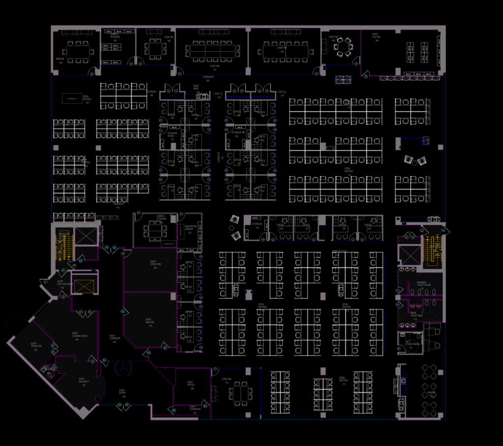 CAD floor plan of a corporate office layout featuring dense workstation clusters, private offices, and service areas.