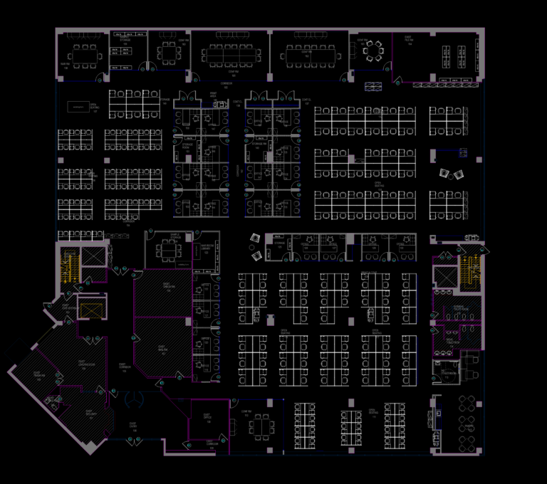 CAD floor plan of a corporate office layout featuring dense workstation clusters, private offices, and service areas.