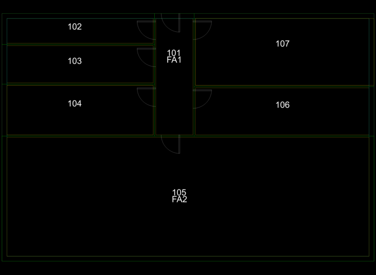 2D CAD floor plan for an office or clinic with 7 numbered rooms, door swings, and a central corridor.