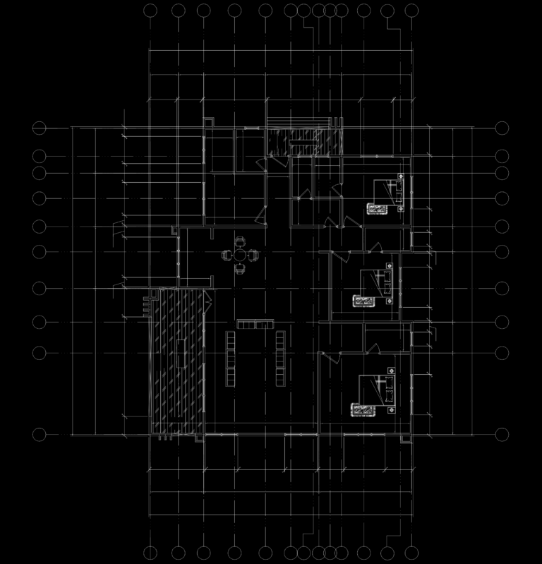 CAD floor plan of a 3-bedroom house showing structural grid, furniture layout, and a hatched deck area.