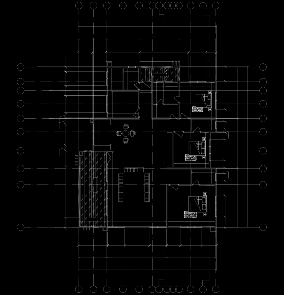 CAD floor plan of a 3-bedroom house showing structural grid, furniture layout, and a hatched deck area.