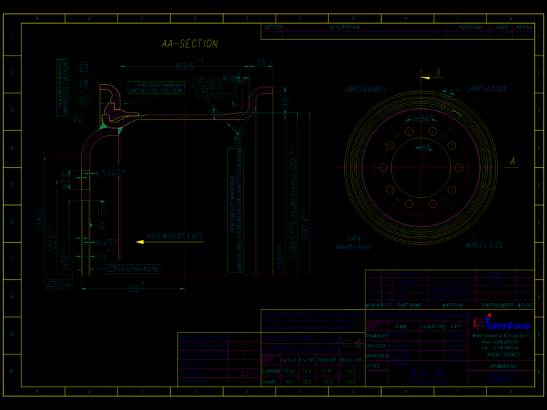 Technical drawing showing Section AA and hub mount face for a Jantsa 6.0-15 wheel rim assembly.