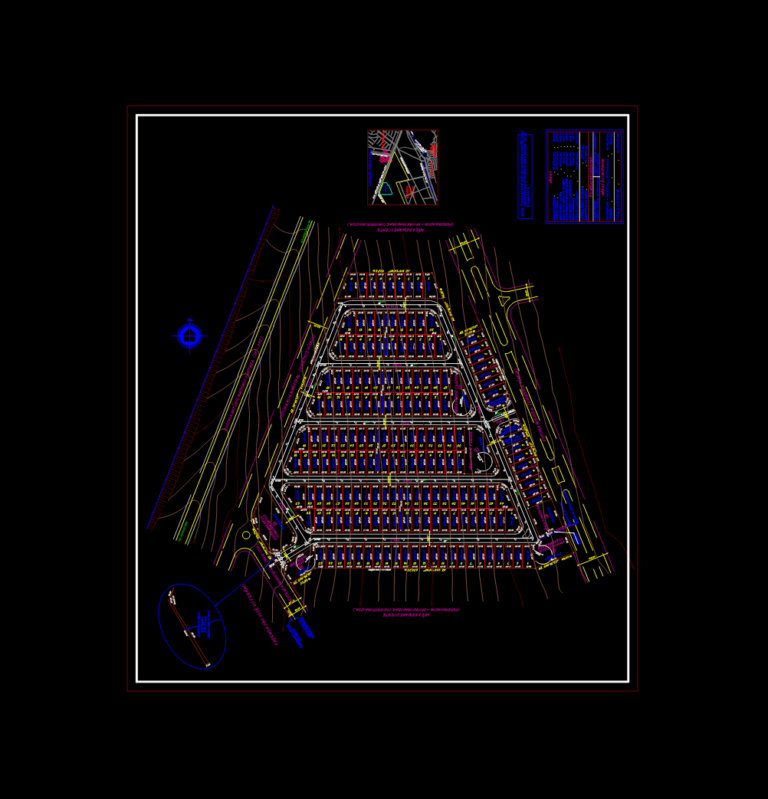 CAD site plan of a 172-lot residential subdivision layout featuring road hierarchy and technical data tables.