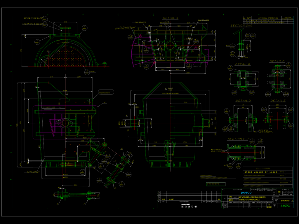 Technical CAD assembly of a POSCO charging ladle showing plan views, elevations, and detailed trunnion components.