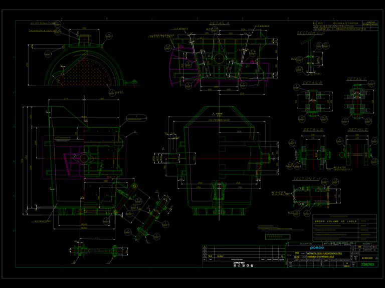 Technical CAD assembly of a POSCO charging ladle showing plan views, elevations, and detailed trunnion components.