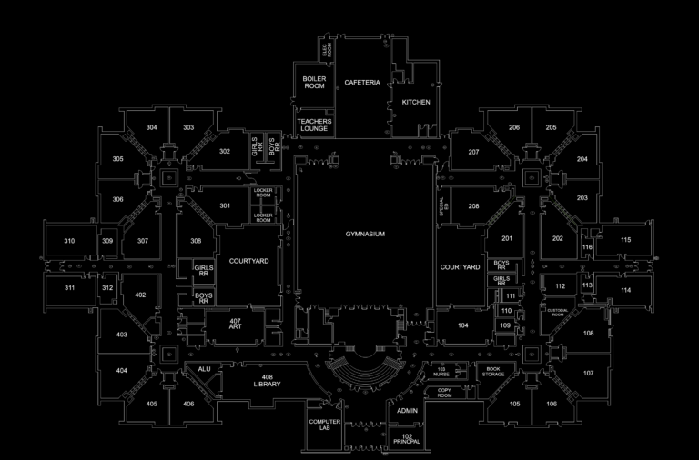 Architectural floor plan of an elementary school showing gymnasium, cafeteria, and security equipment symbols.