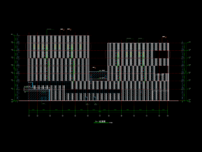 Multi-story factory building elevation drawing showing facade cladding, curtain wall details, and vertical floor levels.