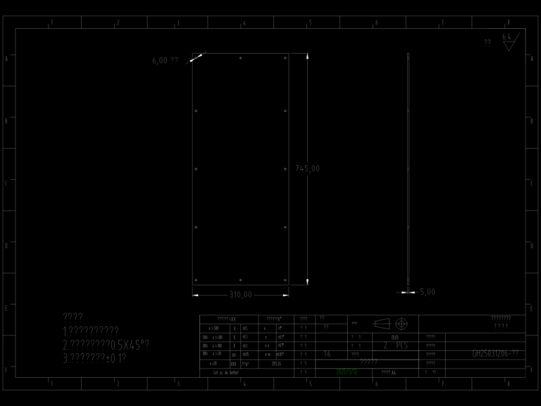 2D CAD drawing of a 310mm x 745mm transparent acrylic panel with dimensions and 6mm hole positions.