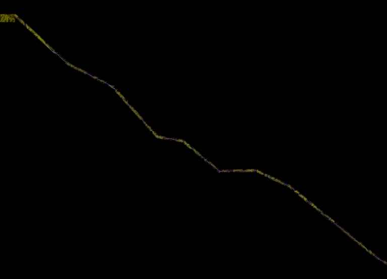 Topographic road alignment survey map showing route stationing and contour lines for a 12km logging road corridor.