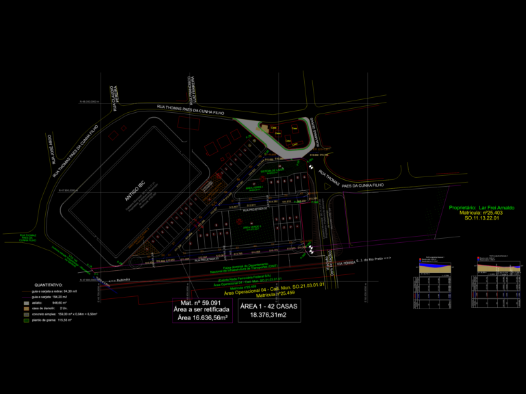Site plan of a 42-house residential subdivision layout with street profiles and infrastructure legends.