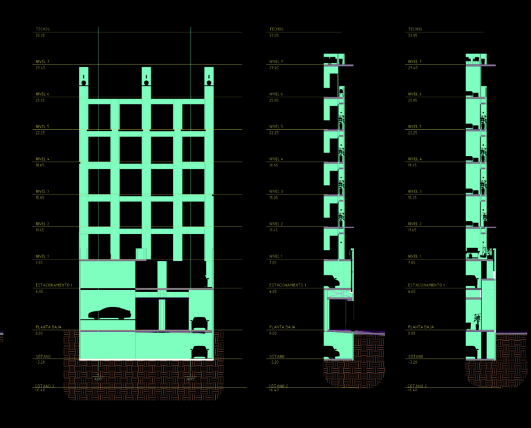 CAD sectional drawings of a 7-story apartment building showing basement parking, residential levels, and roof heights.