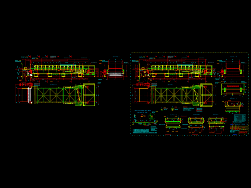 CAD assembly drawing of an MVT BW2400 belt conveyor with plan view, side elevations, and technical cross-sections.