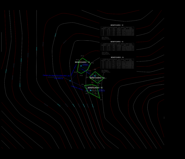 Topographic irrigation system layout with contour lines, lot boundaries, and UTM technical data tables.