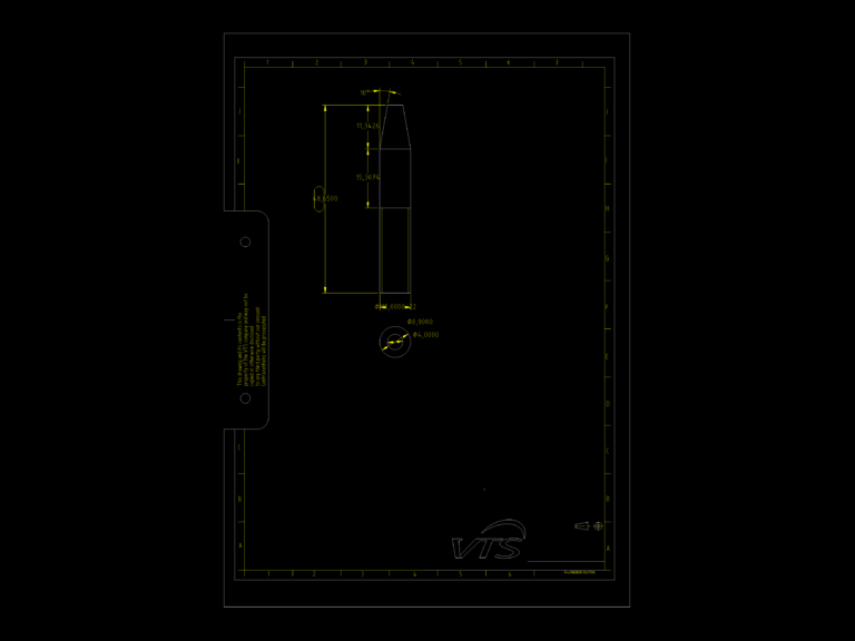 2D mechanical CAD drawing of a VTS shaft component showing side and top views with a 10-degree taper and dimensions.