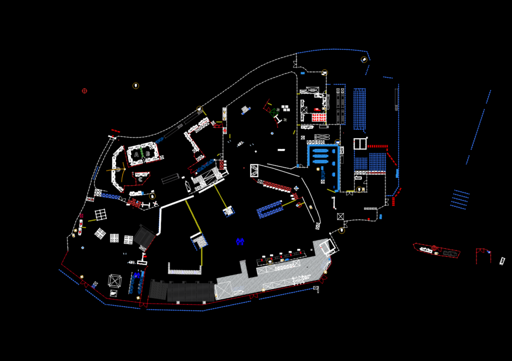 CAD site plan layout for a large music festival showing stages, seating sections, tents, and perimeter fencing.