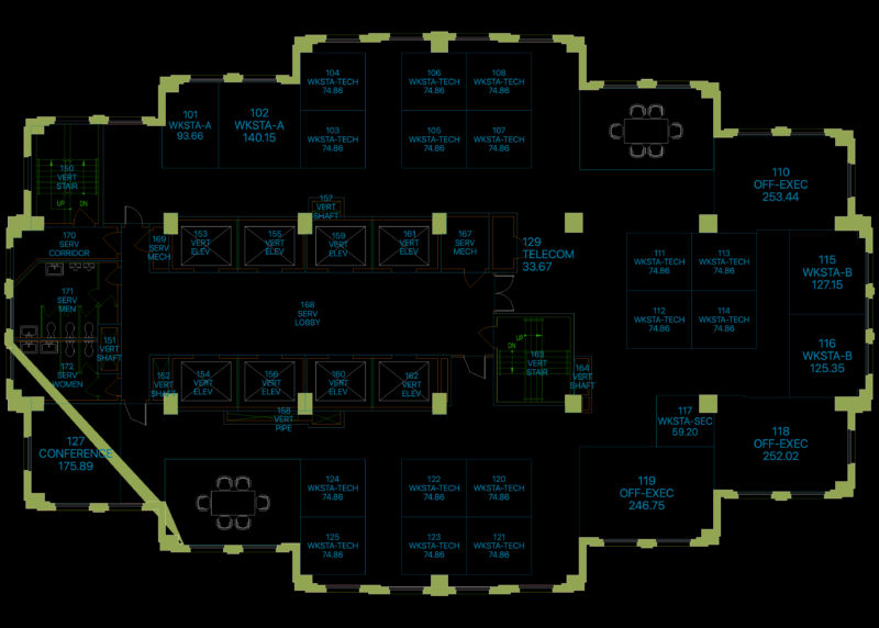 Corporate office floor layout with furniture and core services