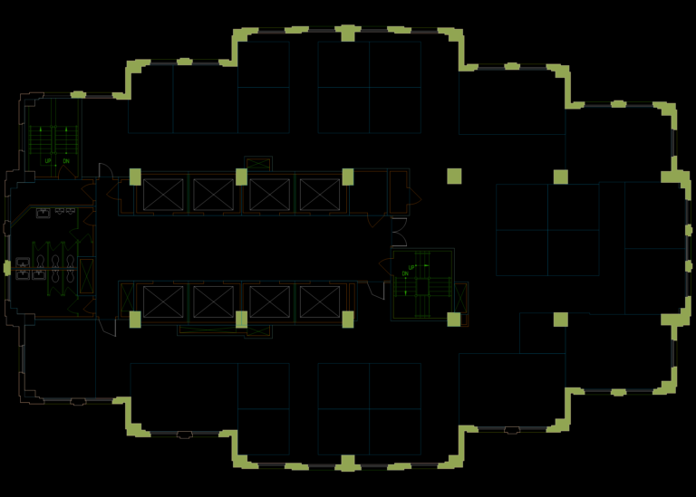 CAD floor plan of a commercial office featuring a central elevator core, restrooms, workstations, and stairwells.