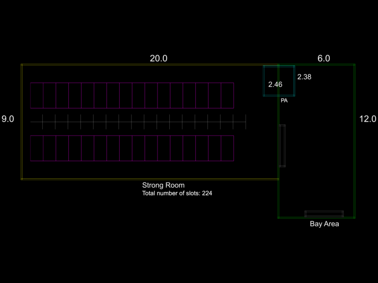 CAD plan view of a secure strong room with 224 storage slots and an adjacent staging bay area.