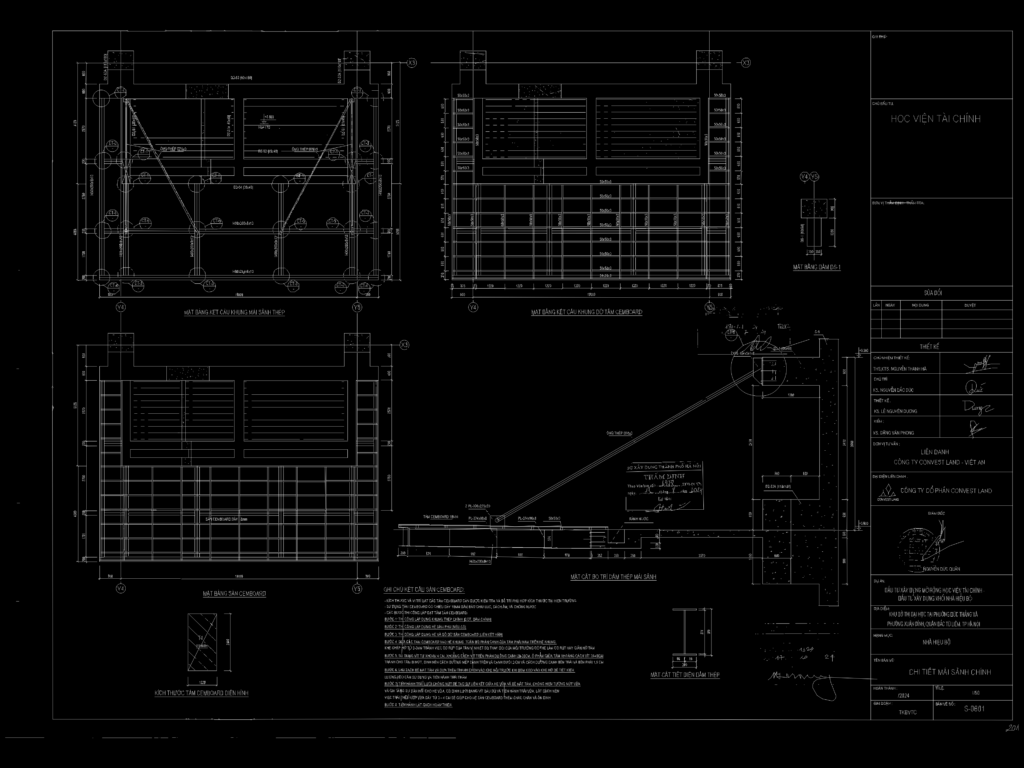 Structural plans and section views of a steel-framed main entrance canopy featuring Cemboard slabs and drainage details.