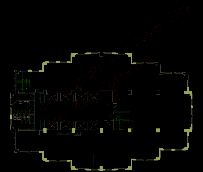 CAD floor plan of a commercial office building showing a central core with elevator shafts, stairs, and restrooms.