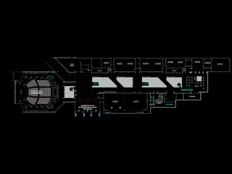 Floor plan of GWCCA Building A Level 4 showing the auditorium seating layout, food court, and meeting rooms A401-A412.